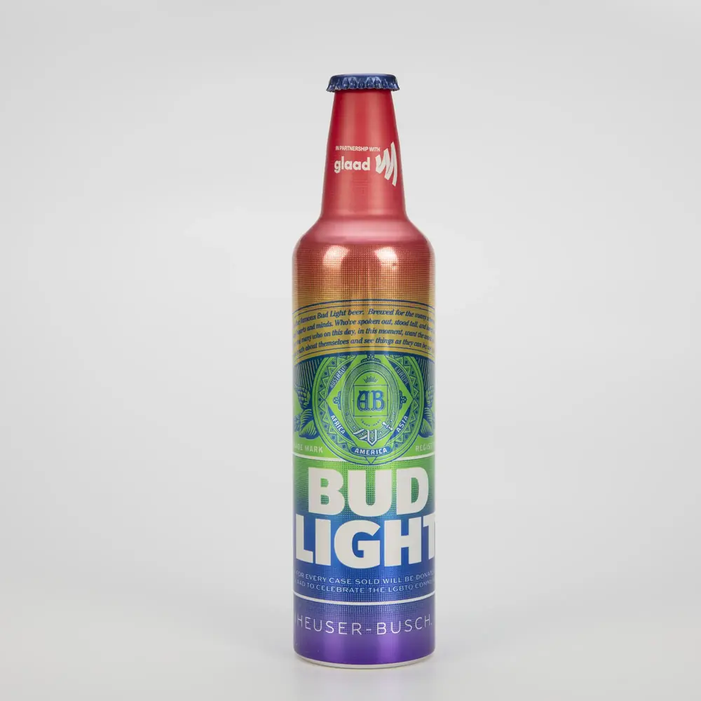 A rainbow-colored Bud Light commemorative Pride bottle from 2019