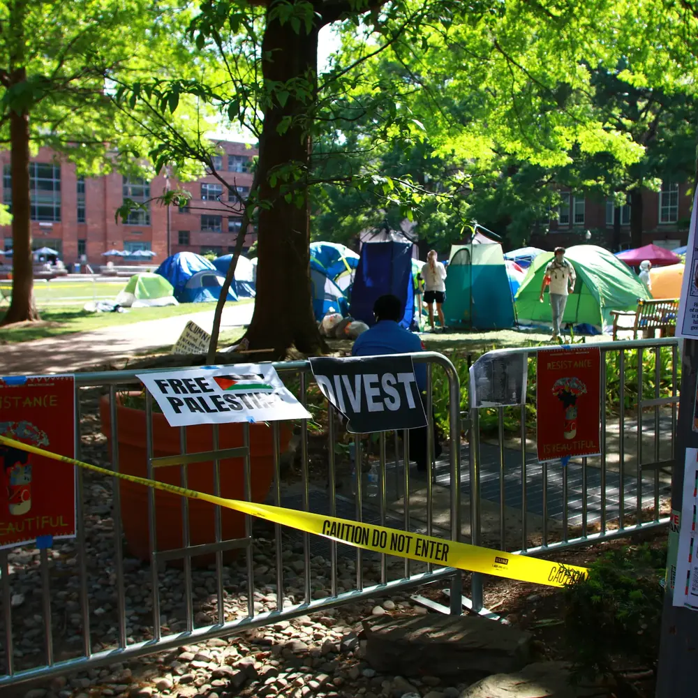 A pro-Palestinian protest encampment at George Washington University in April 2024